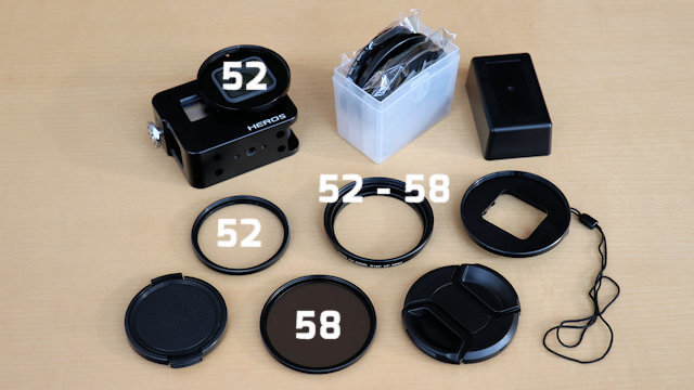 GoPro Aluminium Gehäuse, Filter und Step-Up Ringe